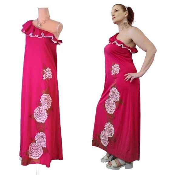 Alfred Shaheen VTG RARE Pink One Shoulder Hand Painted Maxi Dress Size 10 - Picture 7 of 13